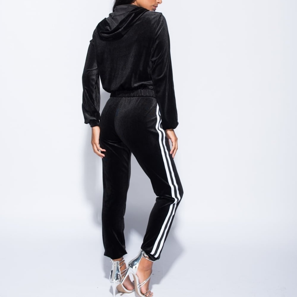 BLOGGER STYLE Velvet Side Stripe Hooded Tracksuit - Picture 2 of 7